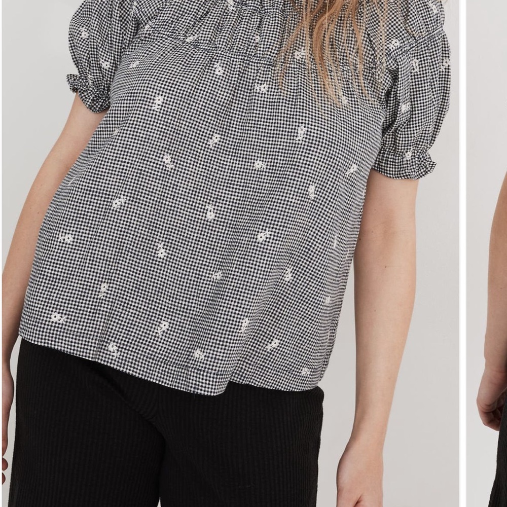 Madewell puff sleeve embroidered Black and White Gingham Women's Top